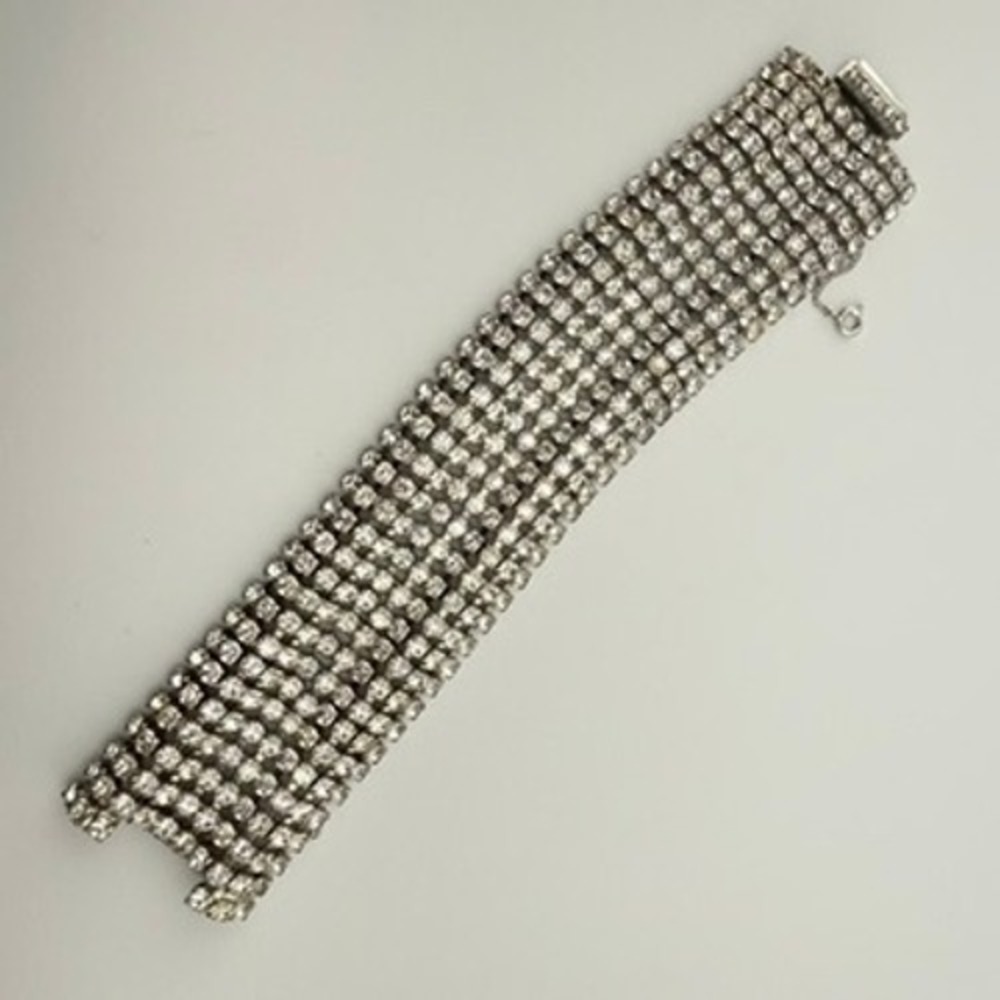 Weiss Rhinestone Statement Bracelet Clear Crystal 8-Row Wide Cuff Vintage Glam
